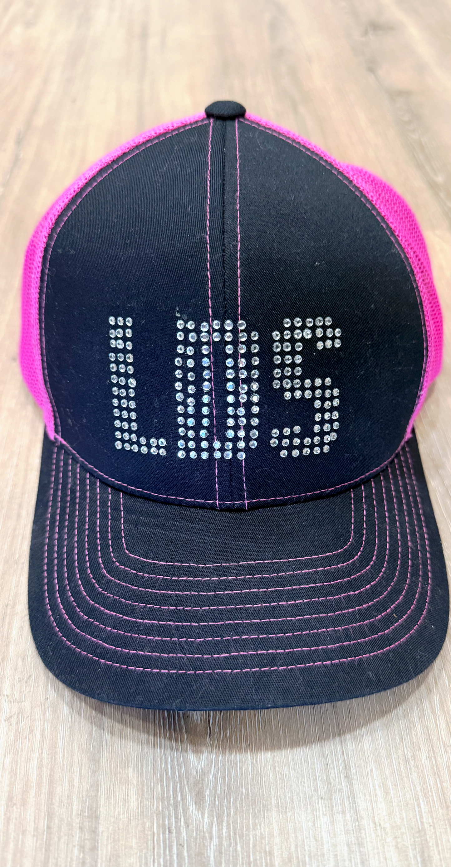 LDS SnapBack Trucker Hat Pink and Black with Rinestones