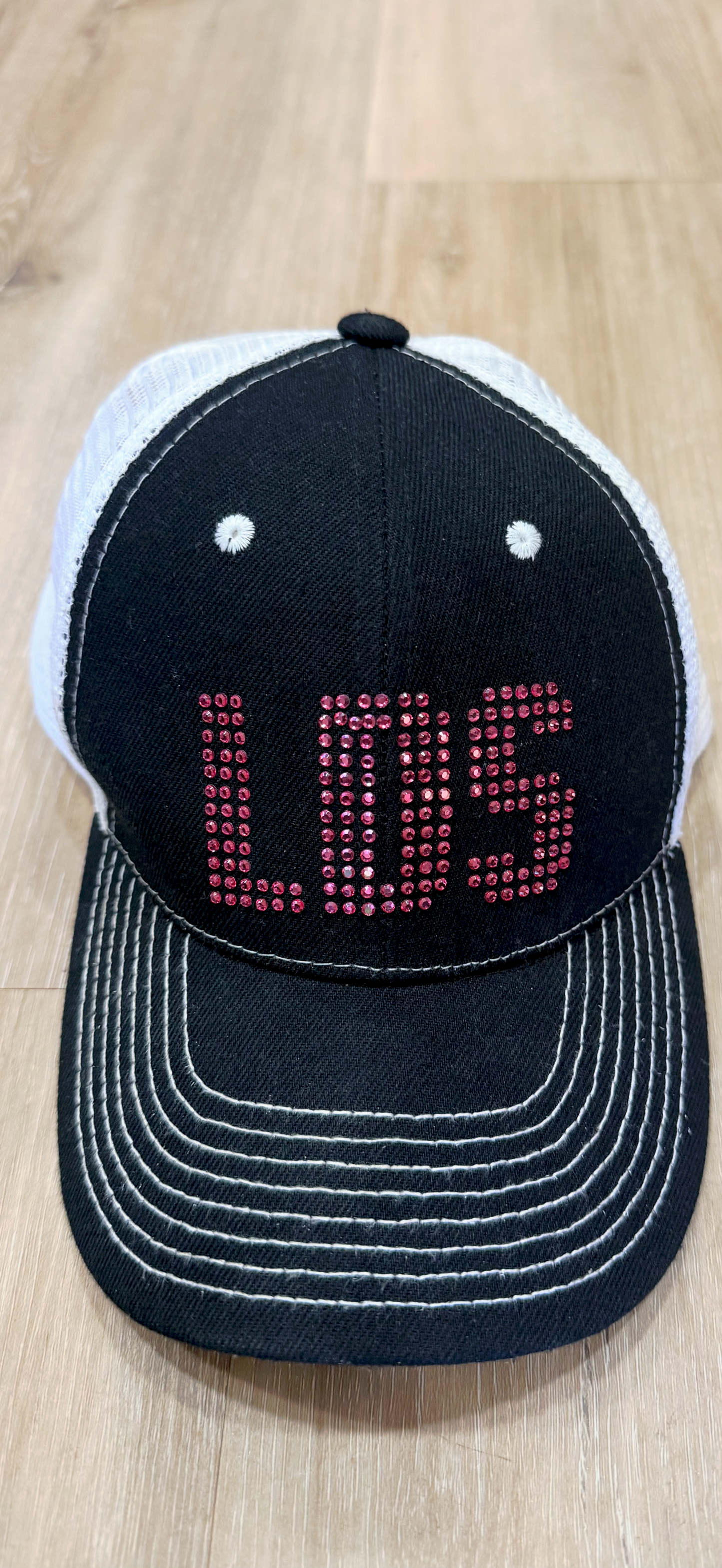 LDS SnapBack Trucker Hat White and Black with Pink Rinestones