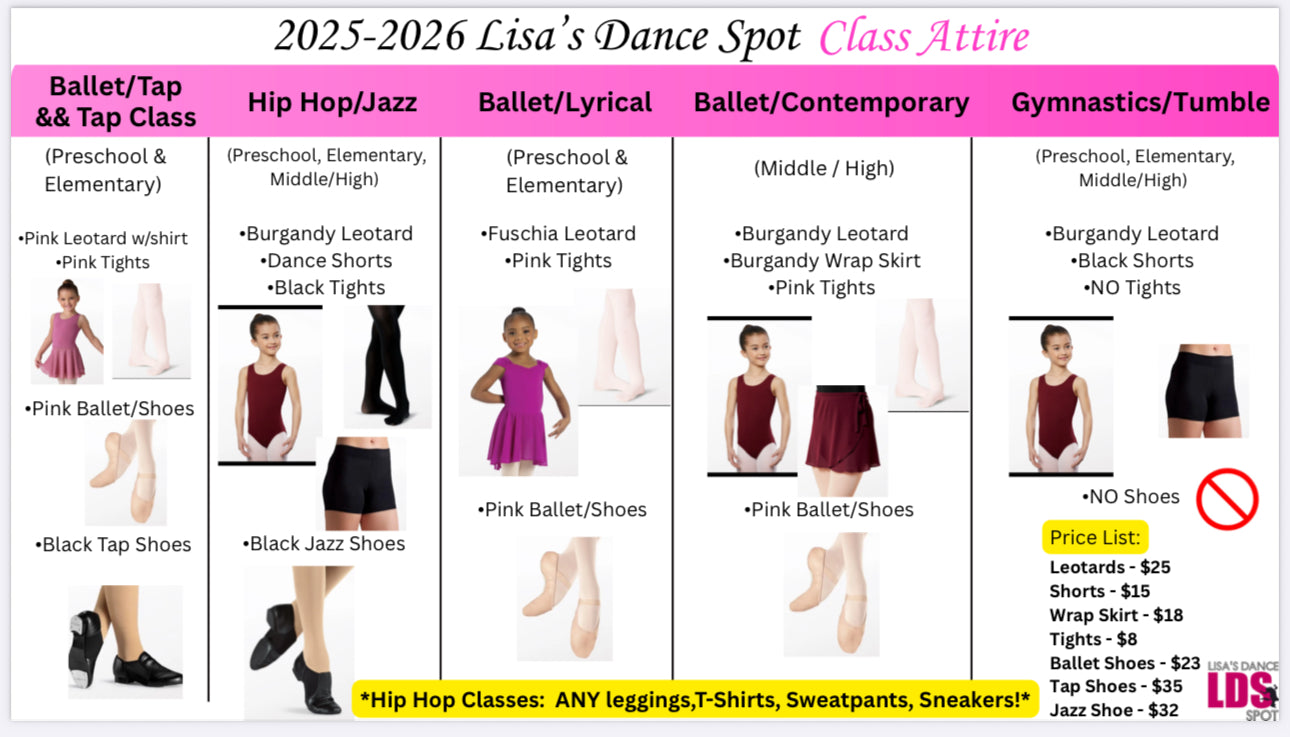 2025-2026 Class Attire -MUST PLACE ORDER DIRECTLY AT STUDIO - CANNOT ORDER ONLINE