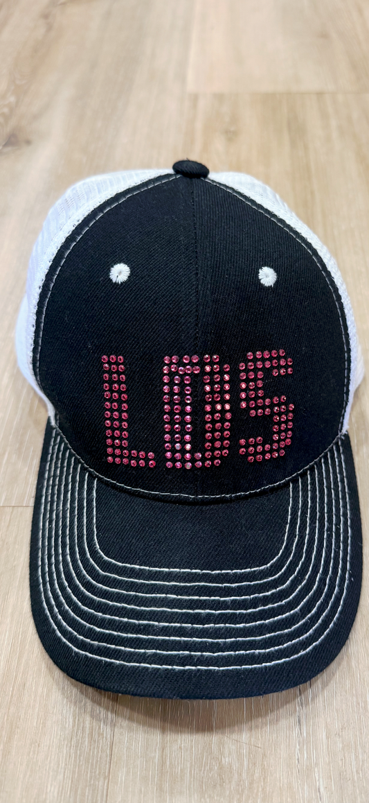 LDS SnapBack Trucker Hat White and Black with Pink Rinestones