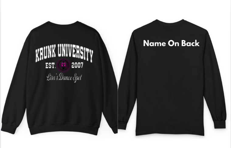 2026 LDS KRUNK UNIVERSITY CREWNECK  SWEATSHIRT w/ Krunk Univ.  in GLITTER WHITE with Name On Back (