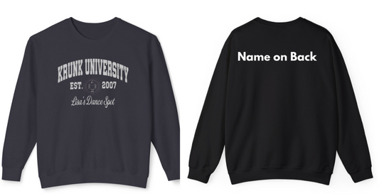2026 LDS KRUNK UNIVERSITY CREWNECK  SWEATSHIRT w/ Krunk Univ in Silver with white logo (Name On back or sleeve )